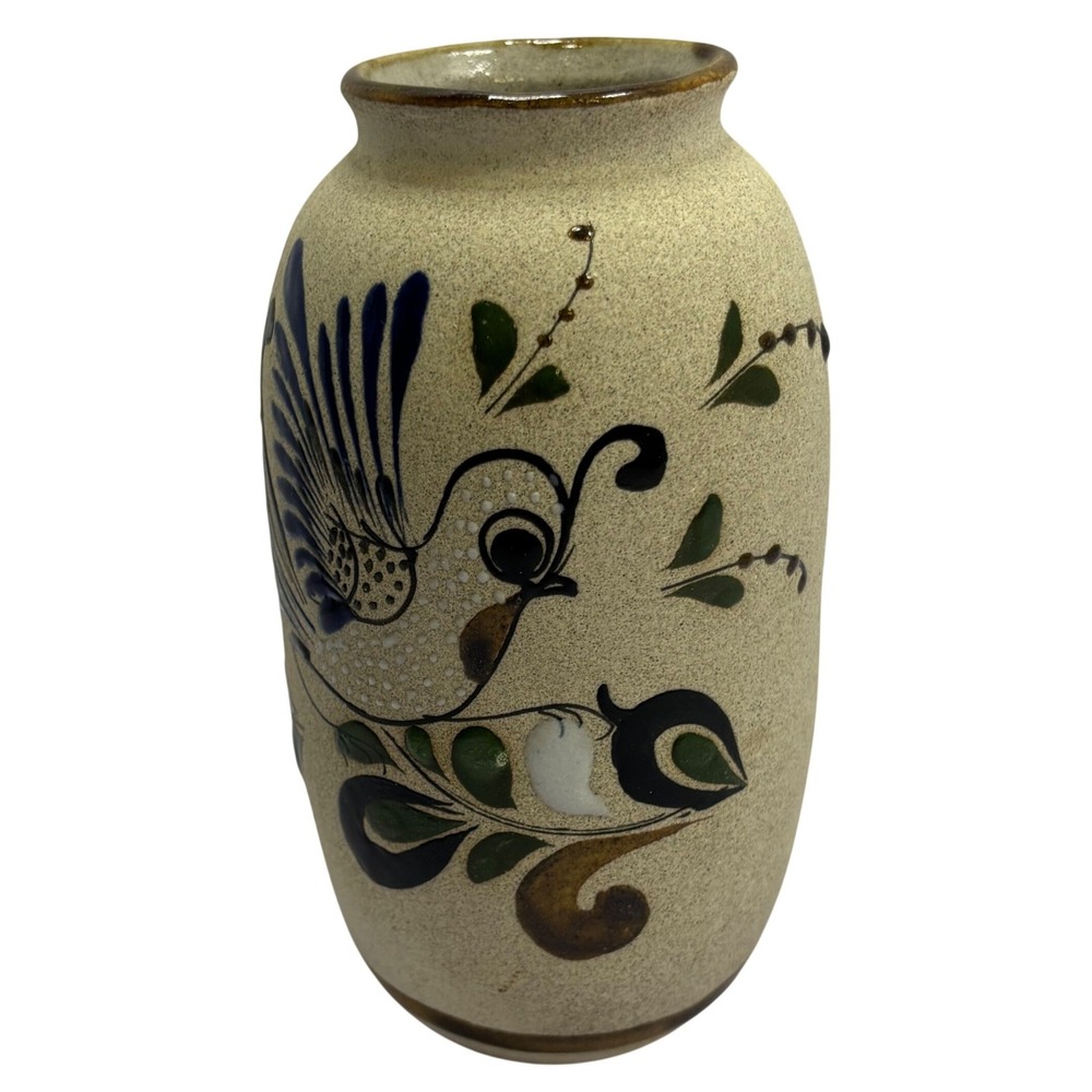 Tonala Mexican‎ Pottery Vase Hand Painted Bird Floral Folk Art Stoneware 6 Inch